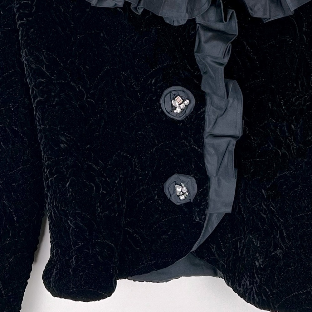 rickie freeman for Teri Jon Festive Quilted Velvet Satin Ruffle Black Top | 4 - Picture 2 of 10